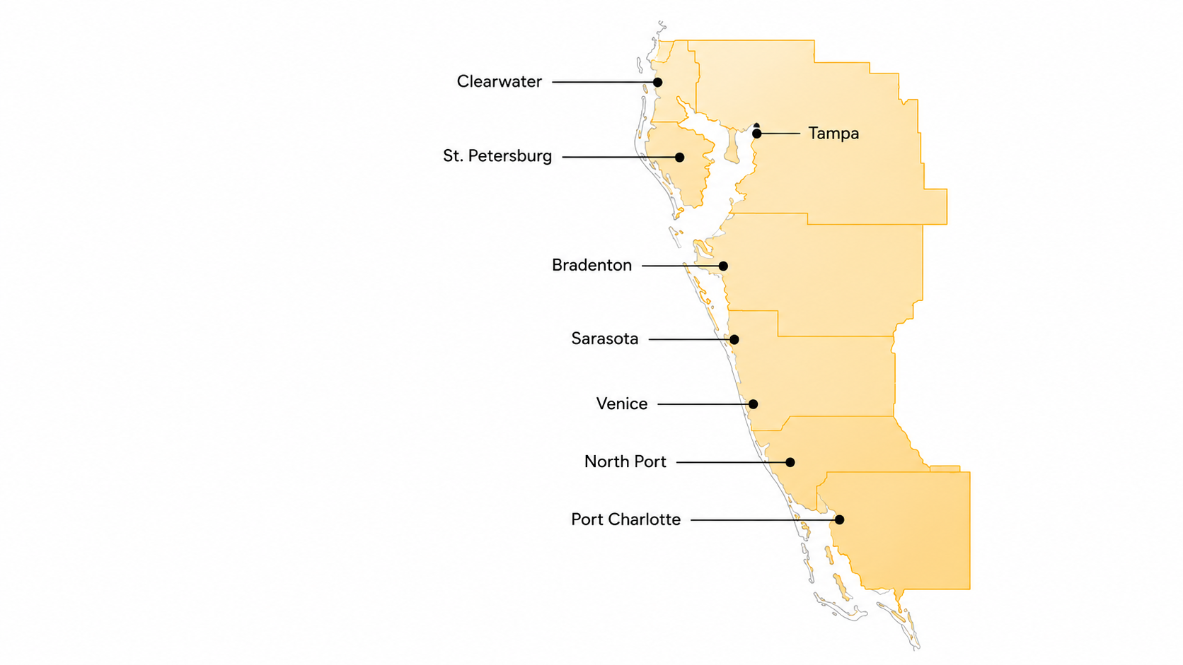 Gulf Coast Florida Service Area Map Service area map showing Sarasota Bradenton Tampa North Port Port Charlotte and surrounding Gulf Coast Florida communities